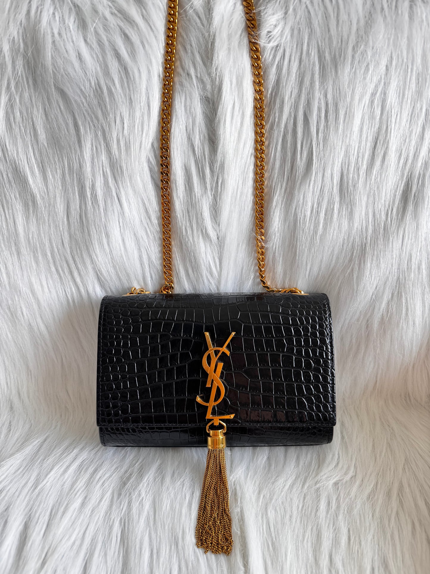 Saint Laurent Kate Small Tassel Croc Embossed Leather Black Shoulder Bag