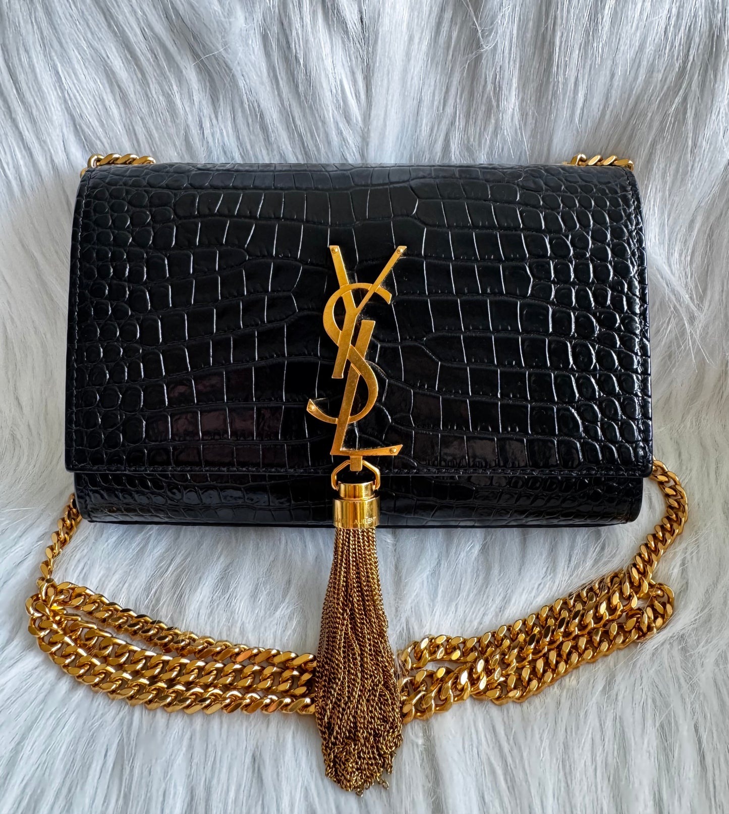 Saint Laurent Kate Small Tassel Croc Embossed Leather Black Shoulder Bag