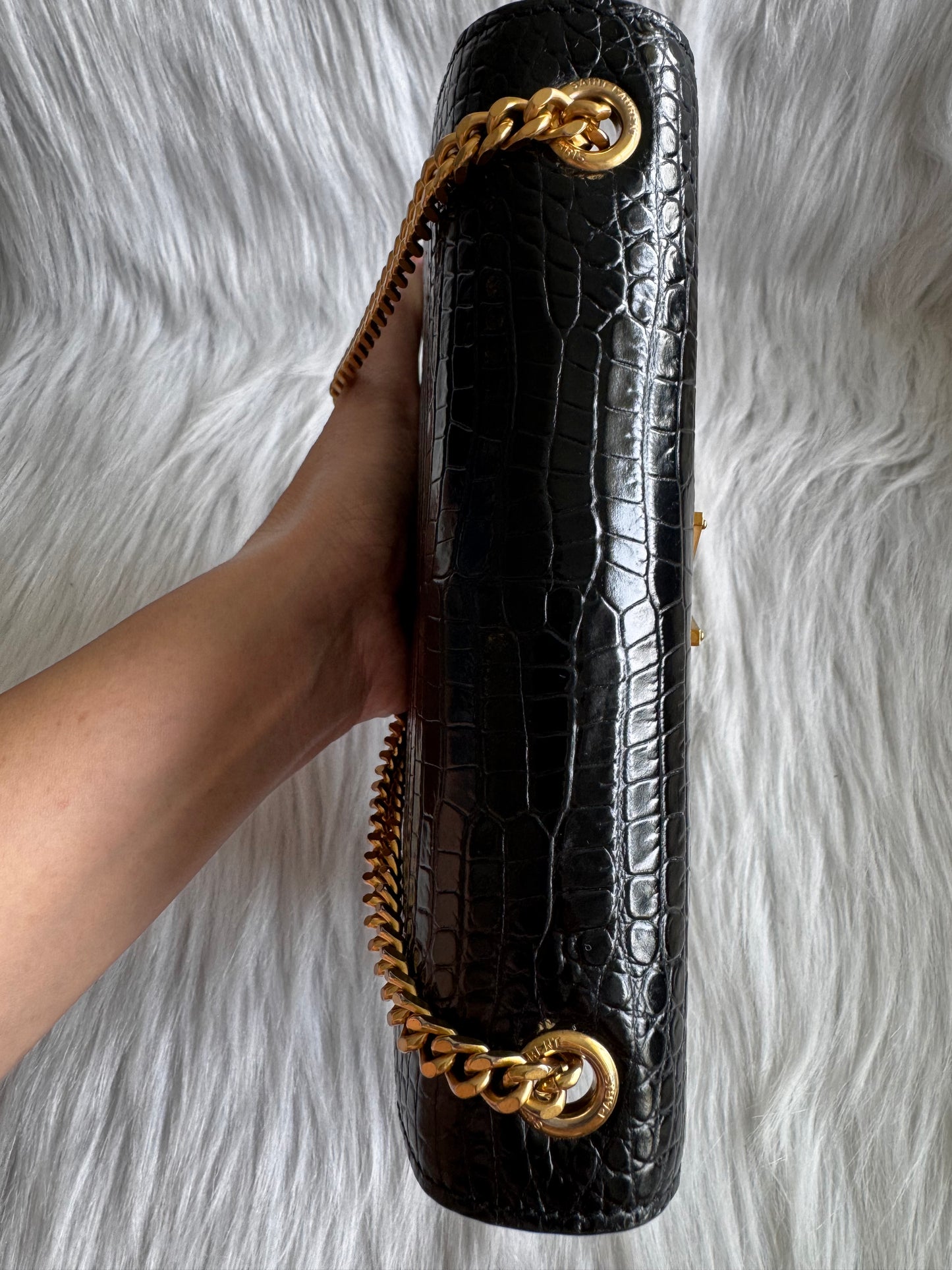 Saint Laurent Kate Small Tassel Croc Embossed Leather Black Shoulder Bag
