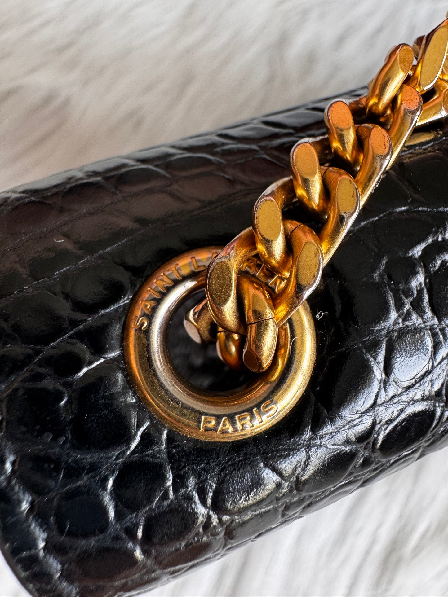 Saint Laurent Kate Small Tassel Croc Embossed Leather Black Shoulder Bag