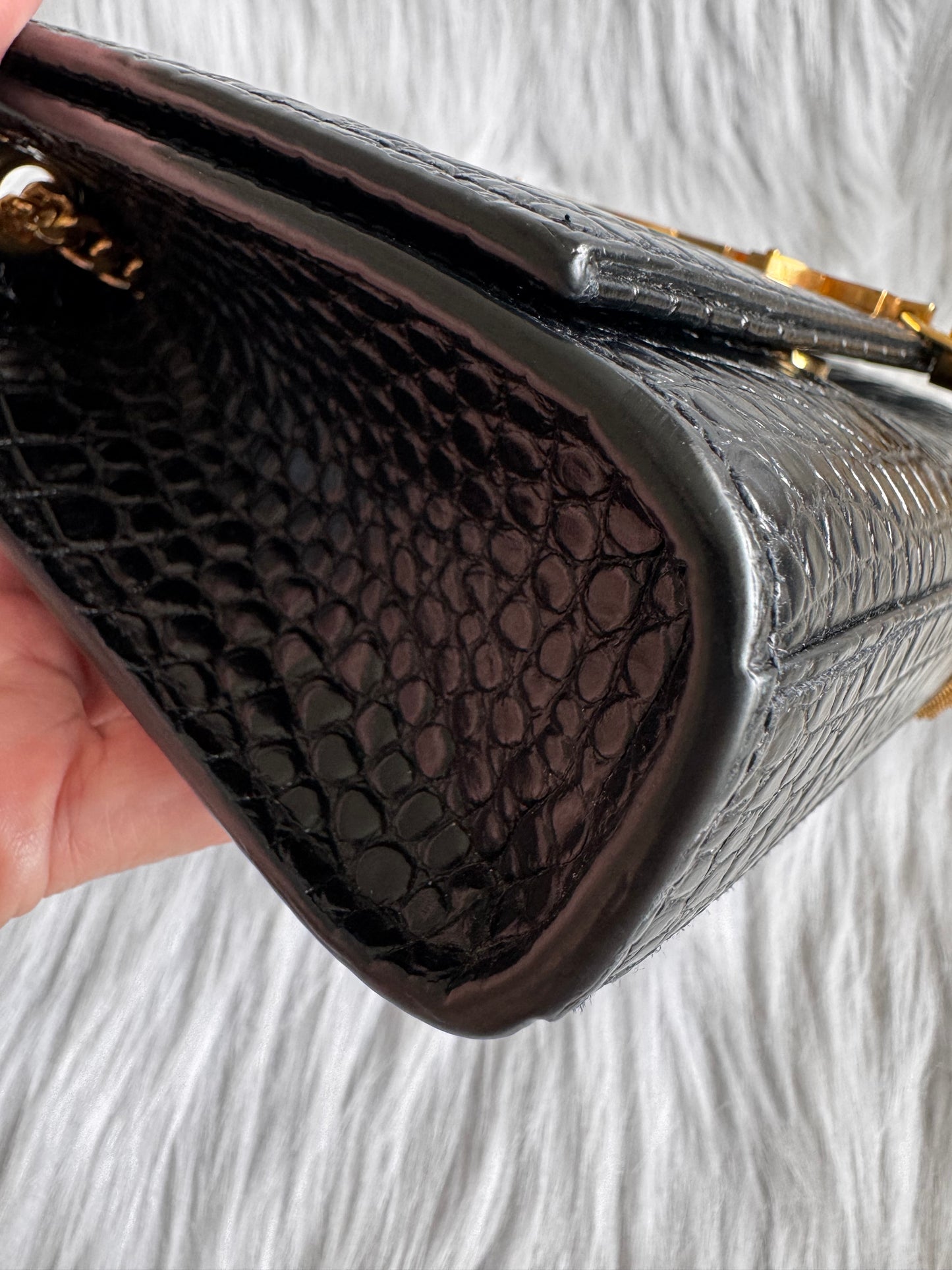 Saint Laurent Kate Small Tassel Croc Embossed Leather Black Shoulder Bag