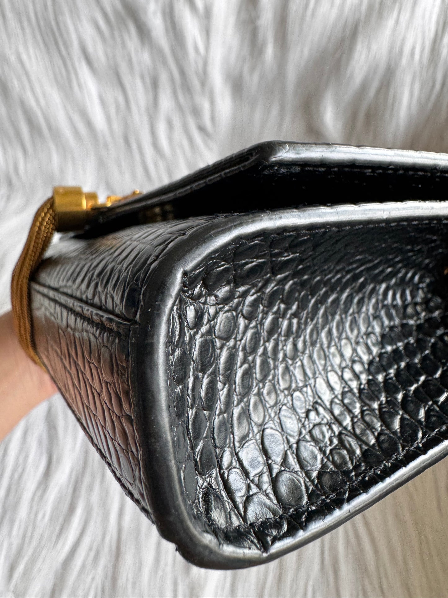Saint Laurent Kate Small Tassel Croc Embossed Leather Black Shoulder Bag