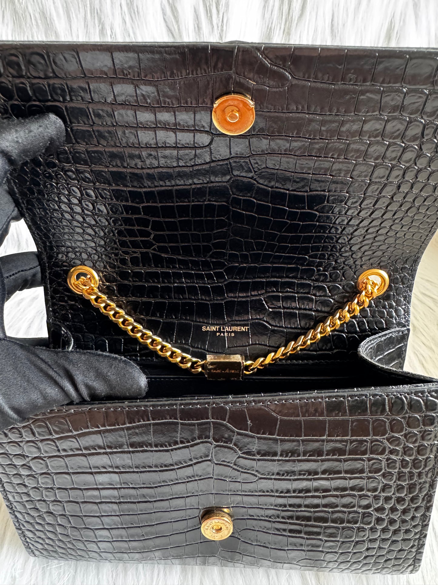 Saint Laurent Kate Small Tassel Croc Embossed Leather Black Shoulder Bag
