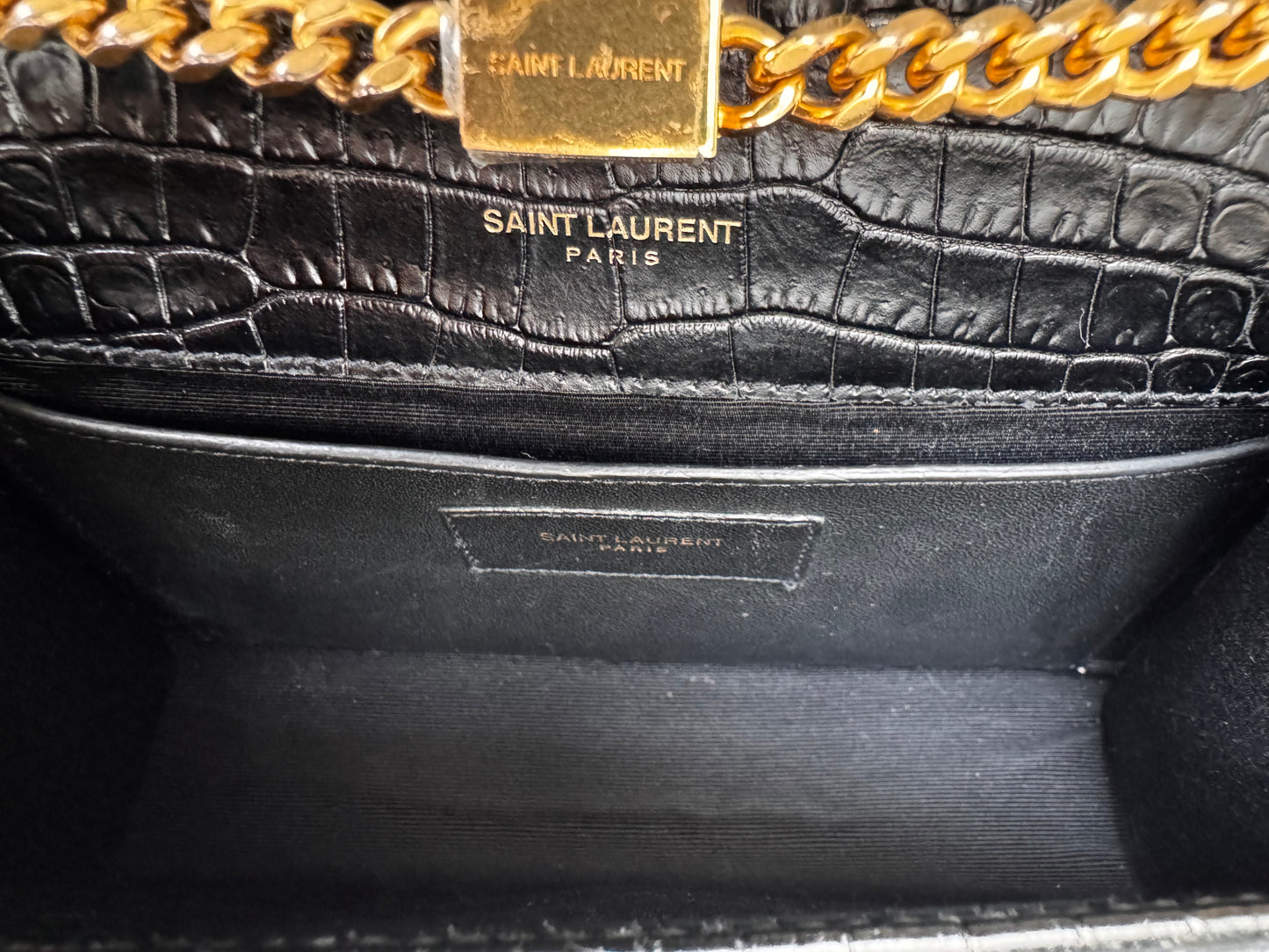 Saint Laurent Kate Small Tassel Croc Embossed Leather Black Shoulder Bag