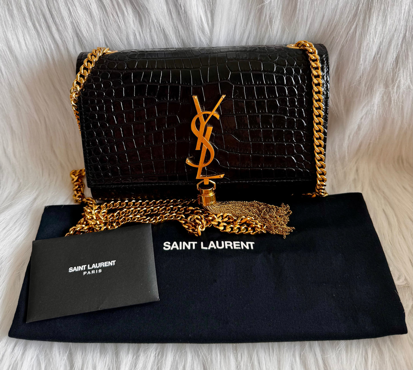 Saint Laurent Kate Small Tassel Croc Embossed Leather Black Shoulder Bag