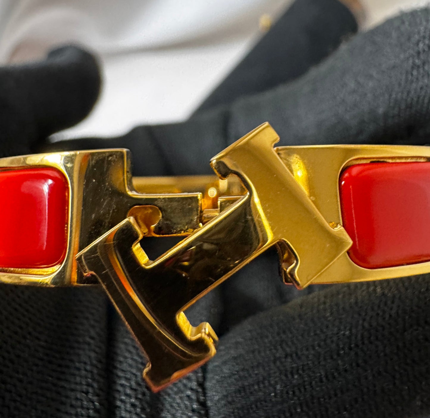 Hermes Clic Clac H Red Enamel Gold Plated Narrow Bracelet GM