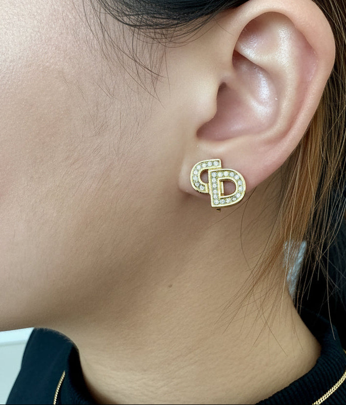 Christian Dior CD initial Earrings with Rhinestone