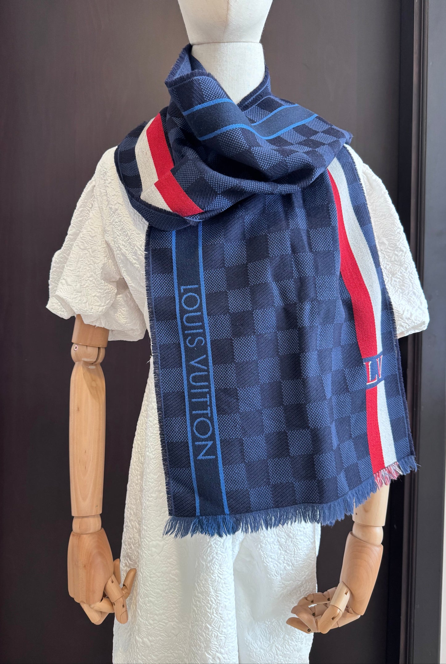 Louis Vuitton Wool Fringed Scarf Navy & Red