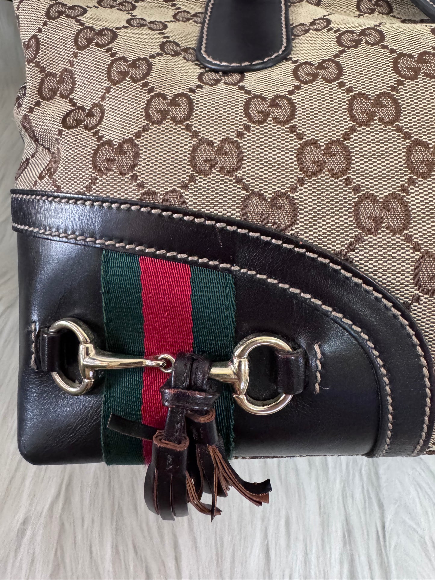 Gucci GG Horsebit Beige Canvas & Leather Tote
