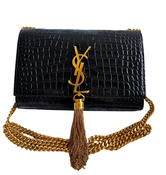 Saint Laurent Kate Small Tassel Croc Embossed Leather Black Shoulder Bag