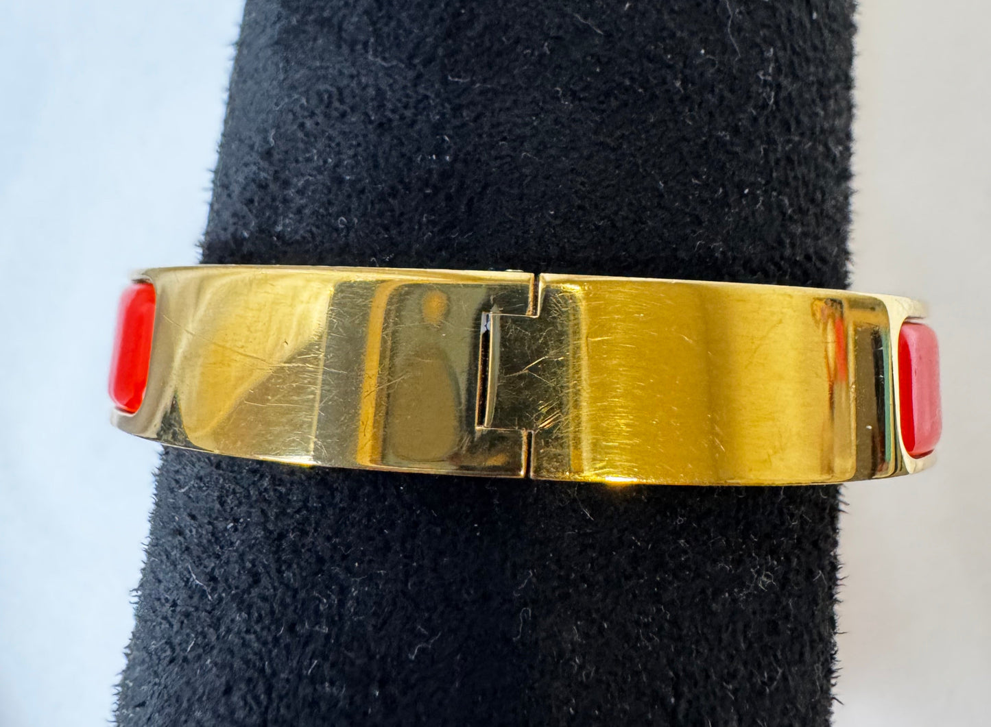 Hermes Clic Clac H Red Enamel Gold Plated Narrow Bracelet GM