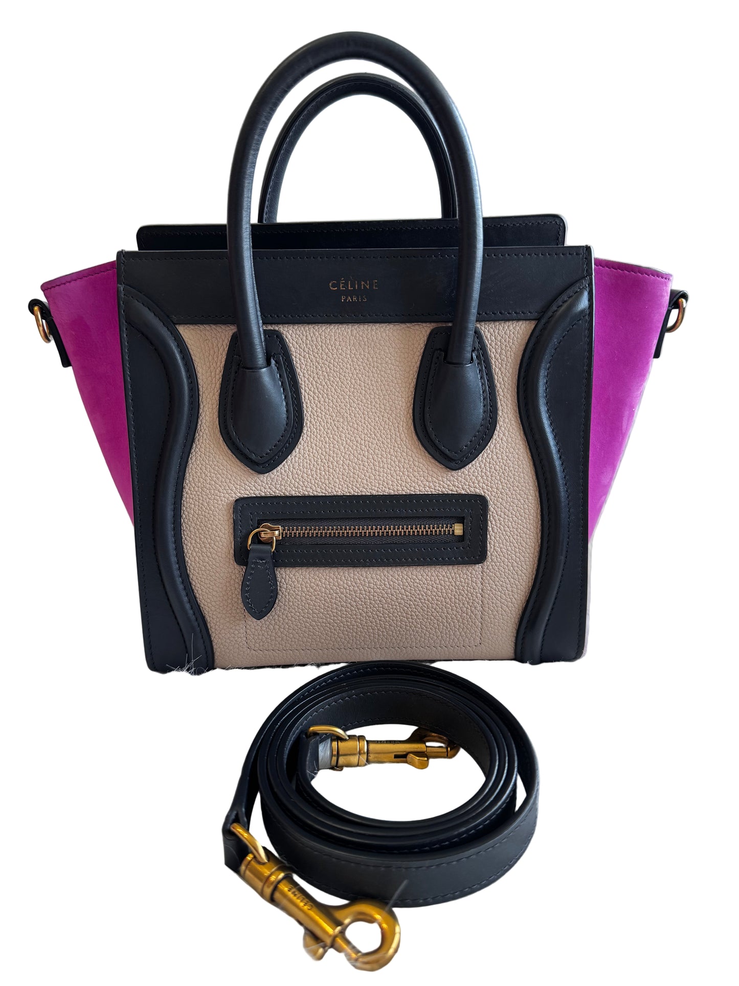 Celine Nano Luggage Tricolor with strap (pink/black/beige)