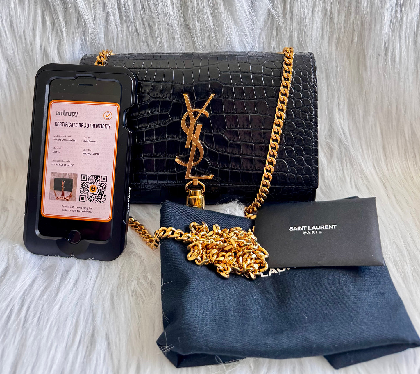 Saint Laurent Kate Small Tassel Croc Embossed Leather Black Shoulder Bag