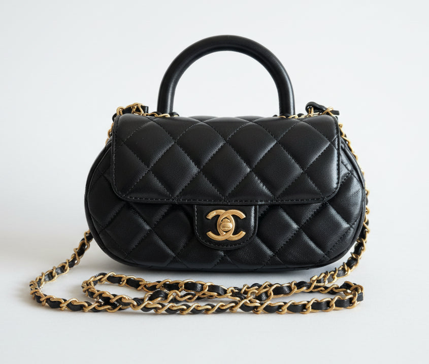 Chanel Top Handle Chain Lambskin Small Black Satchel - microchipped