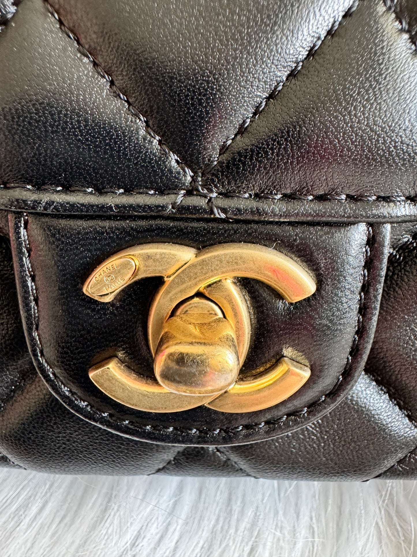 Chanel Top Handle Chain Lambskin Small Black Satchel - microchipped