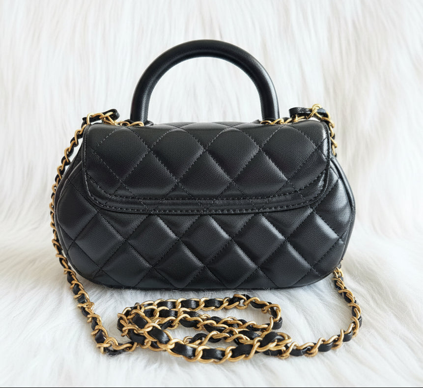 Chanel Top Handle Chain Lambskin Small Black Satchel - microchipped
