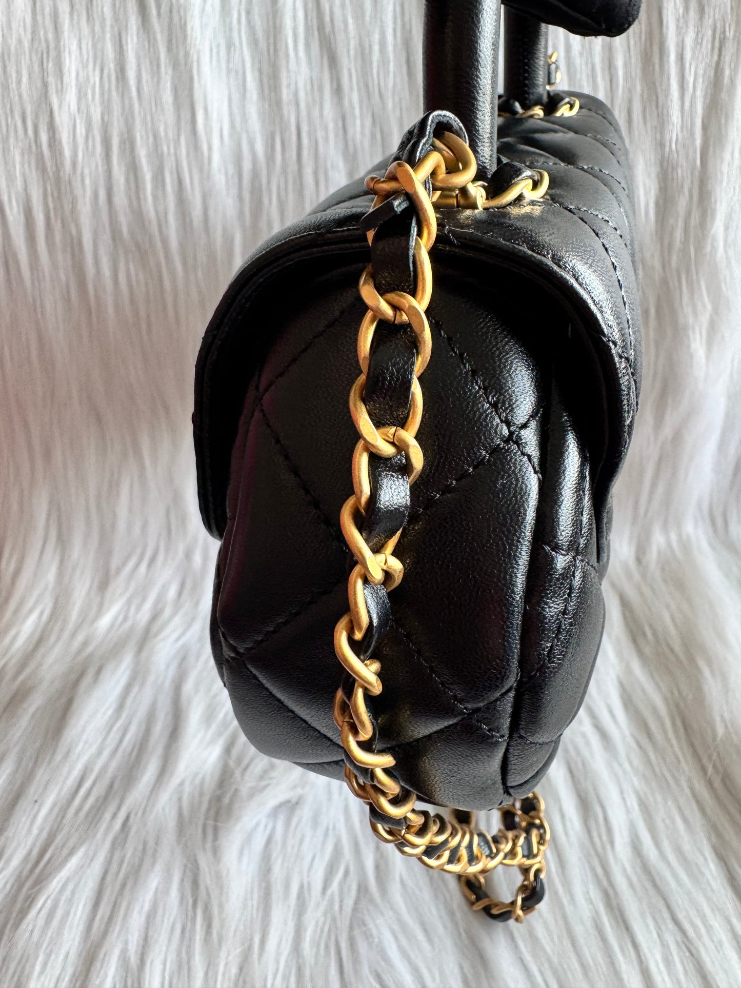 Chanel Top Handle Chain Lambskin Small Black Satchel - microchipped