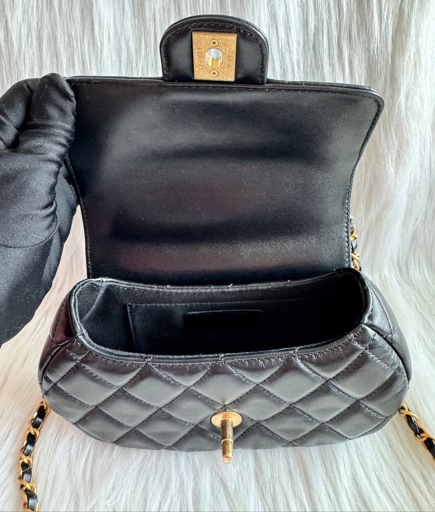 Chanel Top Handle Chain Lambskin Small Black Satchel - microchipped