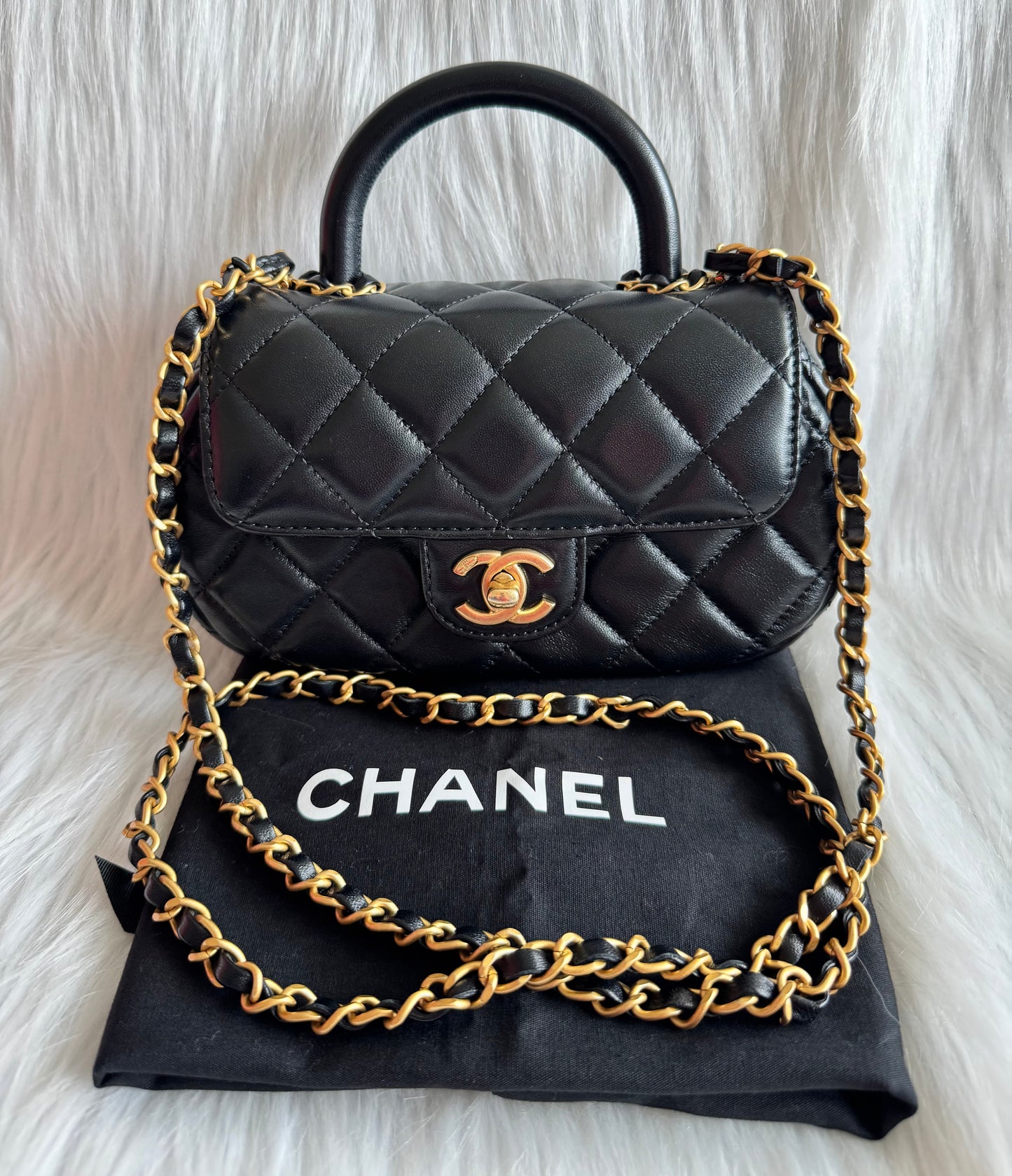 Chanel Top Handle Chain Lambskin Small Black Satchel - microchipped