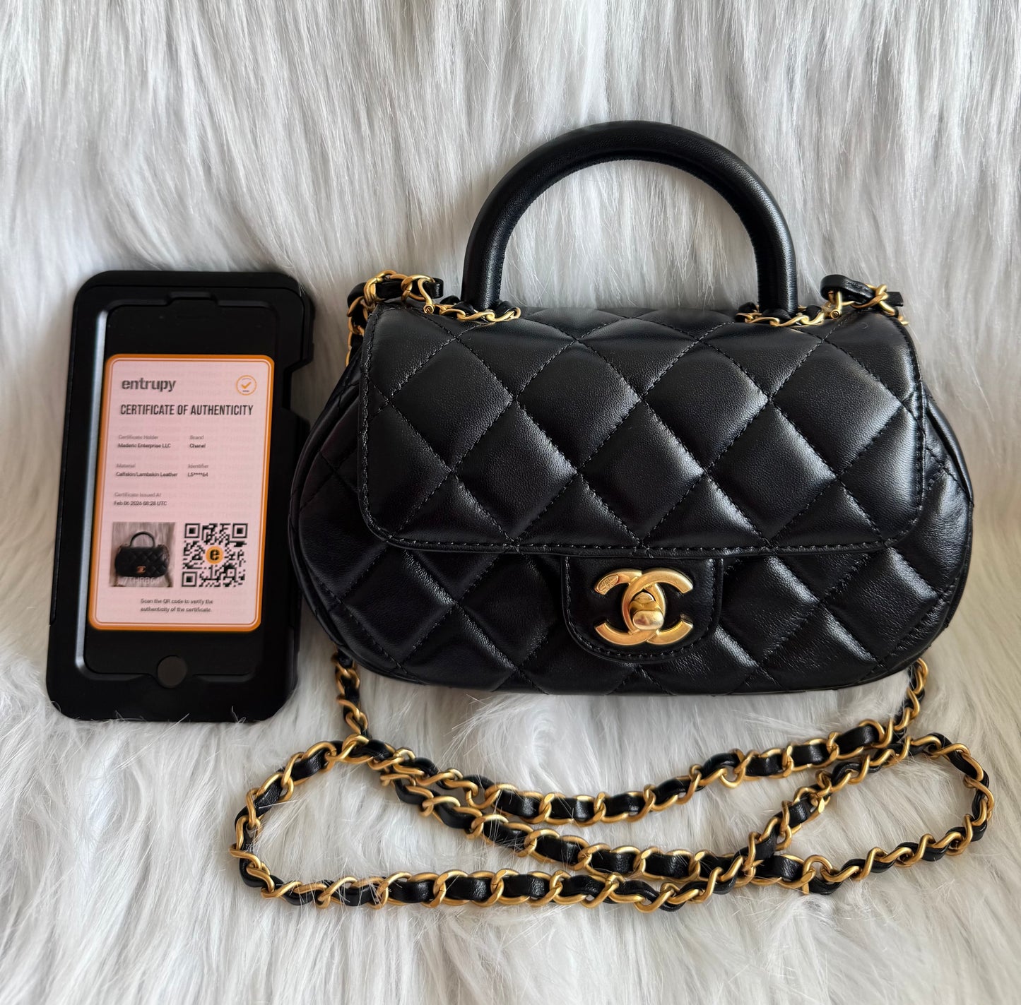 Chanel Top Handle Chain Lambskin Small Black Satchel - microchipped