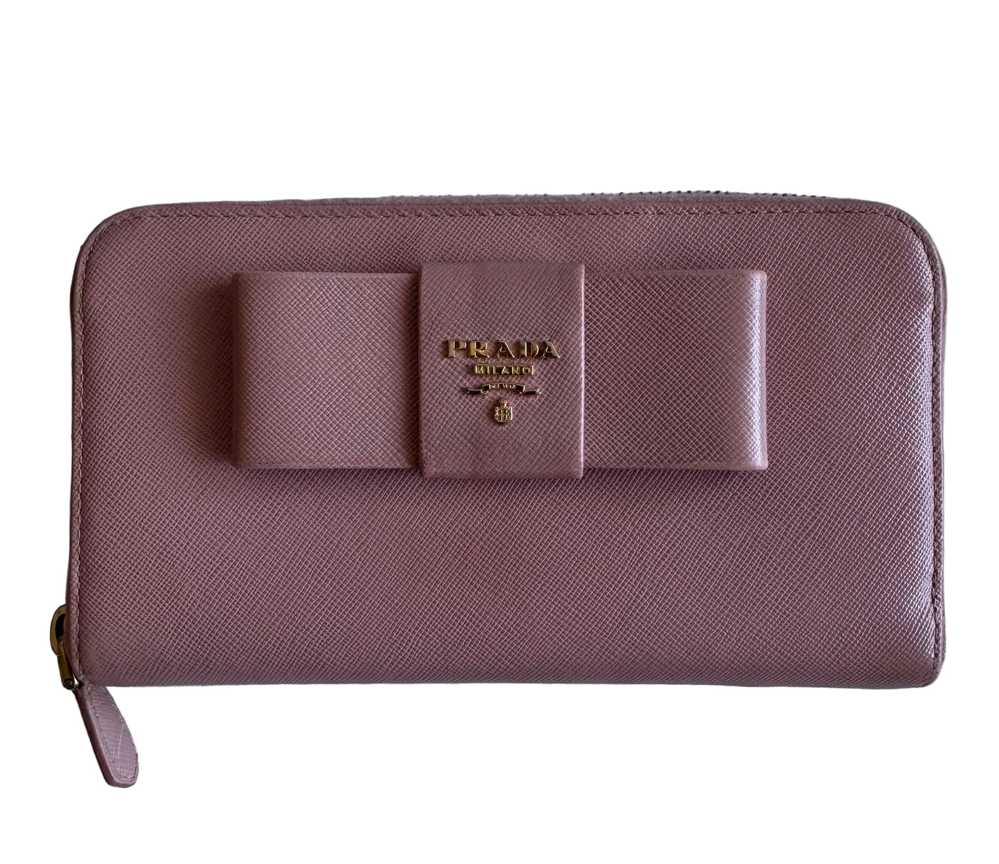 Prada Pink Saffiano Bow Zip Long wallet