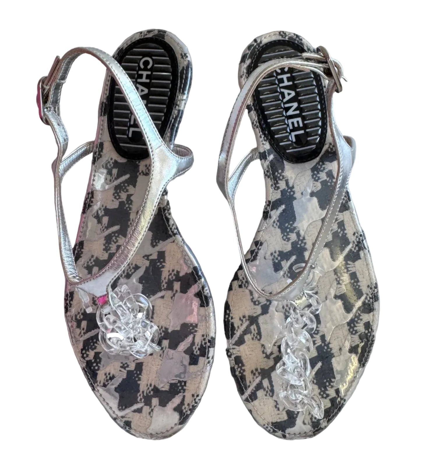Chanel Clear Chain CC Logo Thong Tweed Flat Sandal size 35