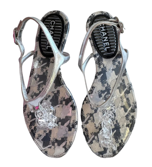 Chanel Clear Chain CC Logo Thong Tweed Flat Sandal size 35