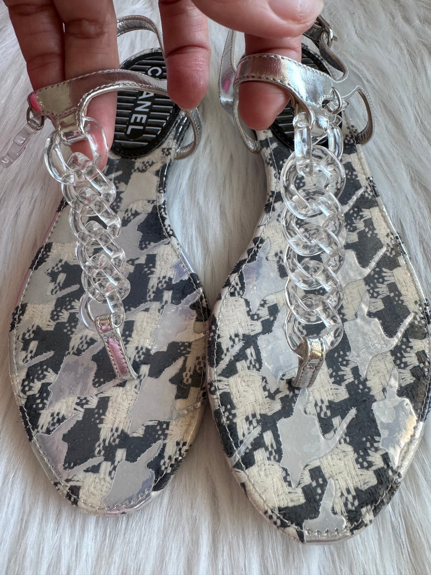 Chanel Clear Chain CC Logo Thong Tweed Flat Sandal size 35