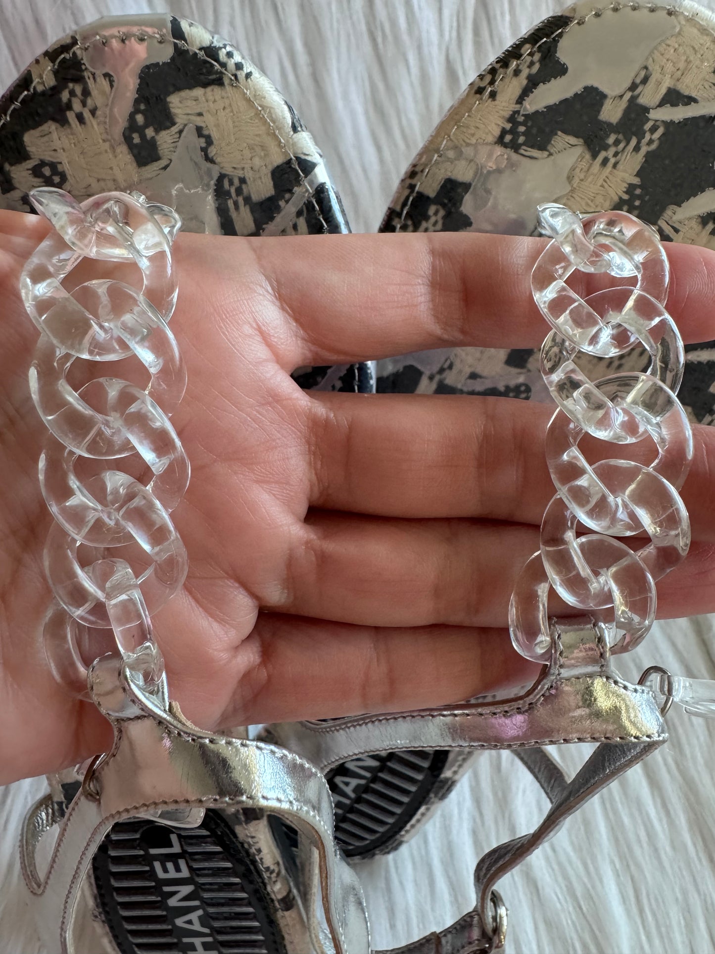 Chanel Clear Chain CC Logo Thong Tweed Flat Sandal size 35