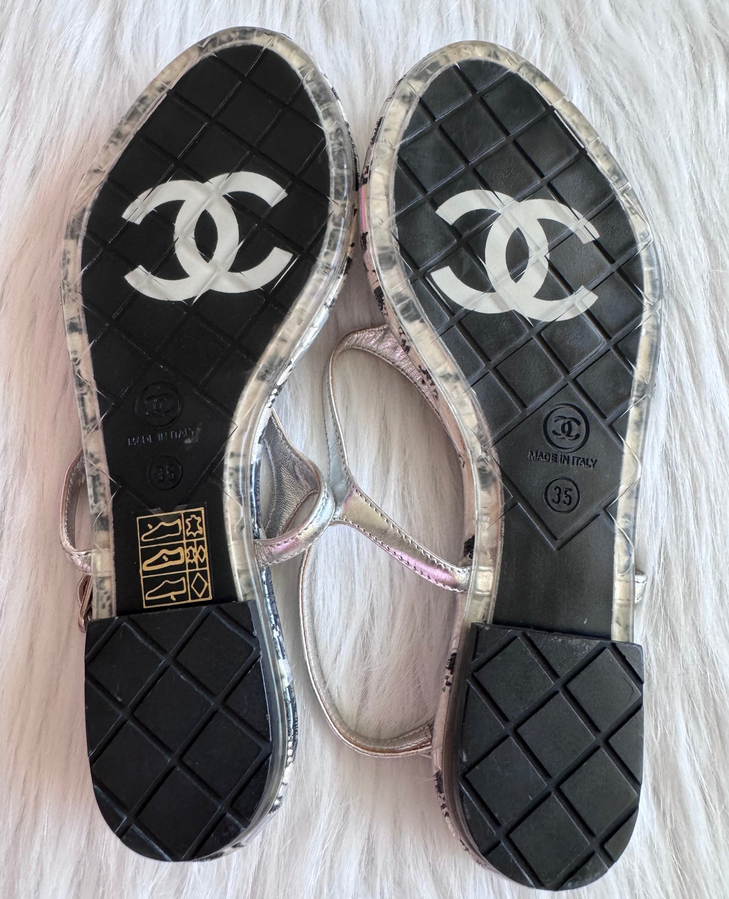 Chanel Clear Chain CC Logo Thong Tweed Flat Sandal size 35