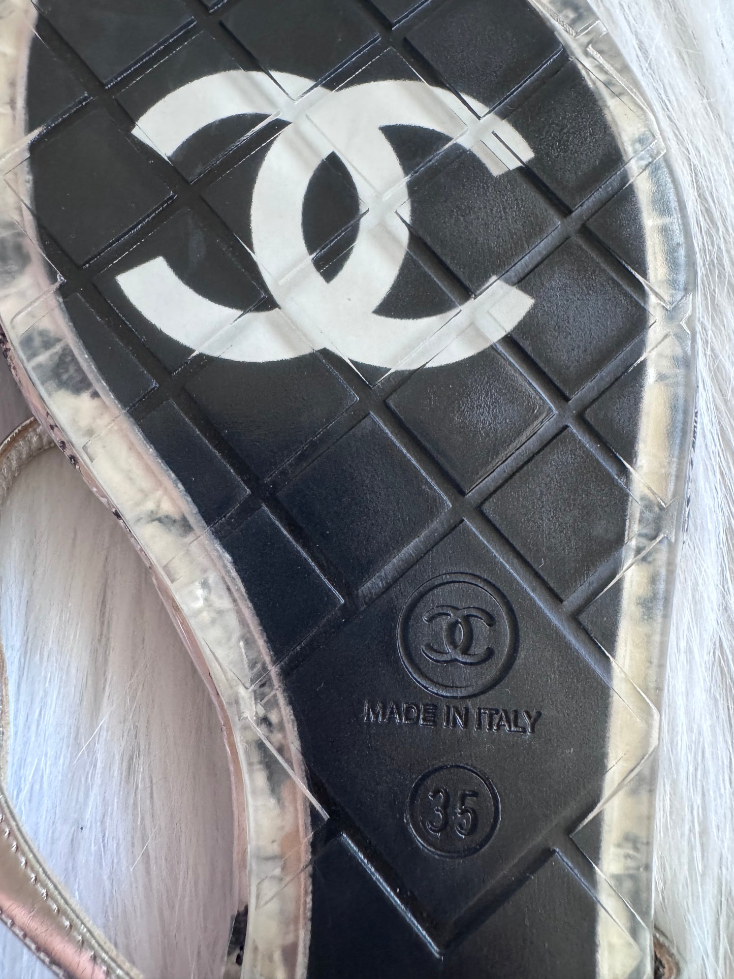 Chanel Clear Chain CC Logo Thong Tweed Flat Sandal size 35