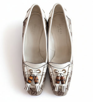 Gucci Monogram Leather Bamboo Tassel Loafer Pumps Size 36