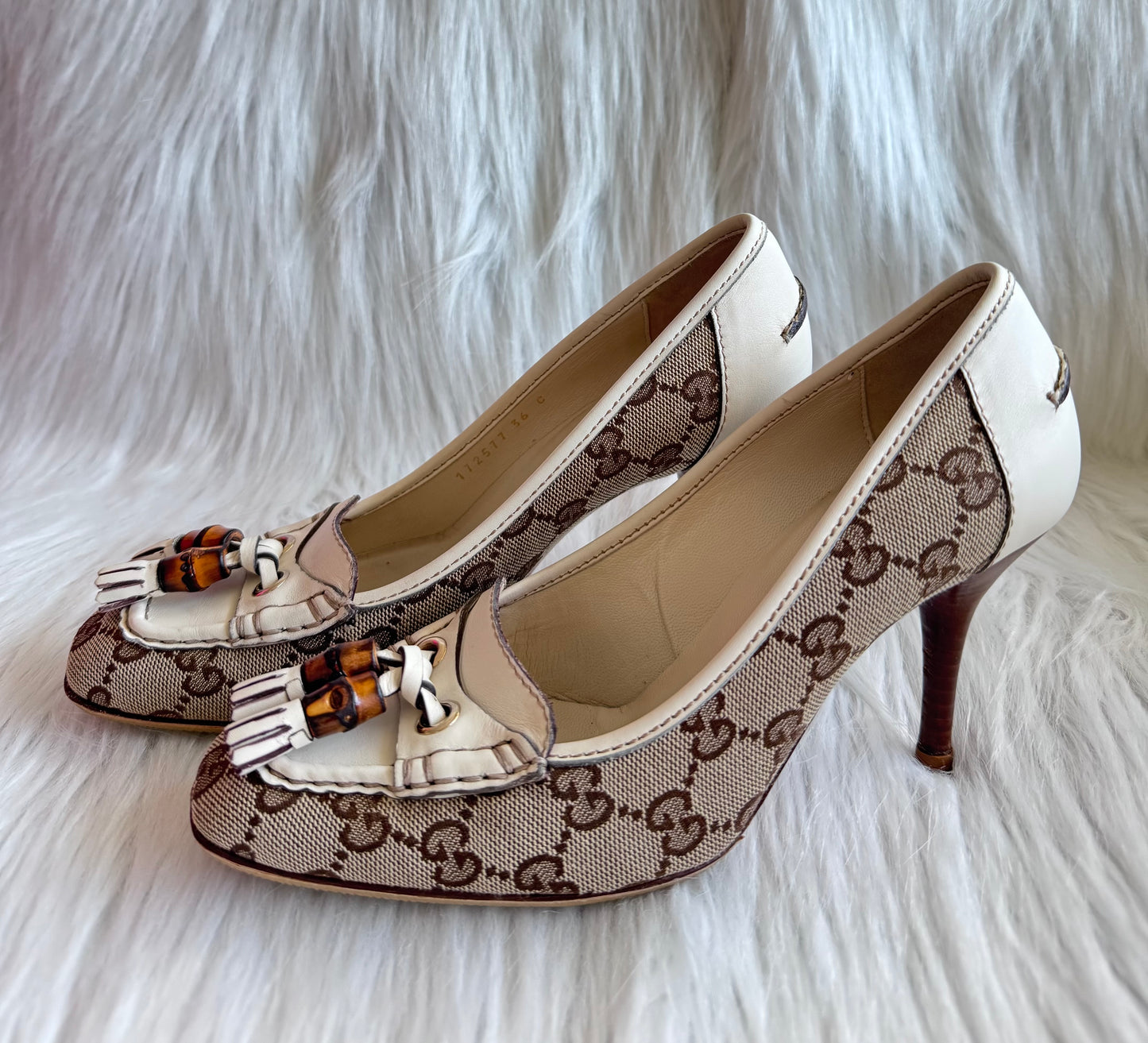 Gucci Monogram Leather Bamboo Tassel Loafer Pumps Size 36