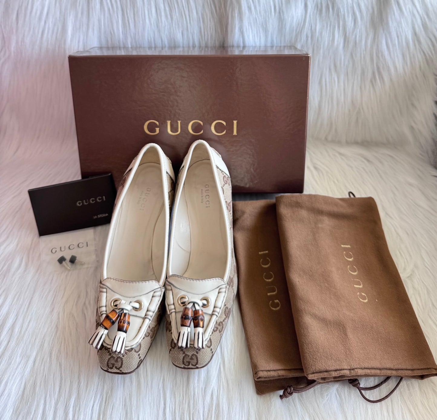 Gucci Monogram Leather Bamboo Tassel Loafer Pumps Size 36