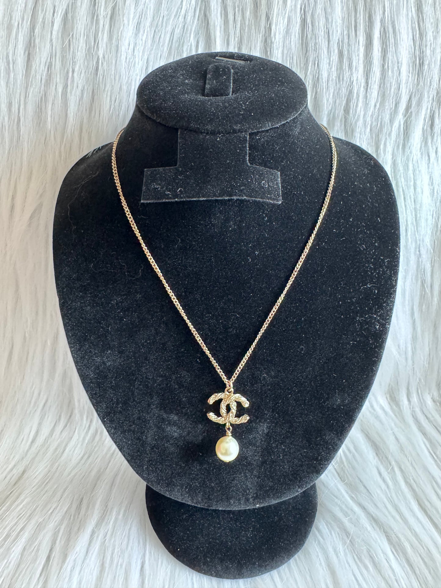 Chanel CC Crystal Pearl Gold Tone Pendant Necklace