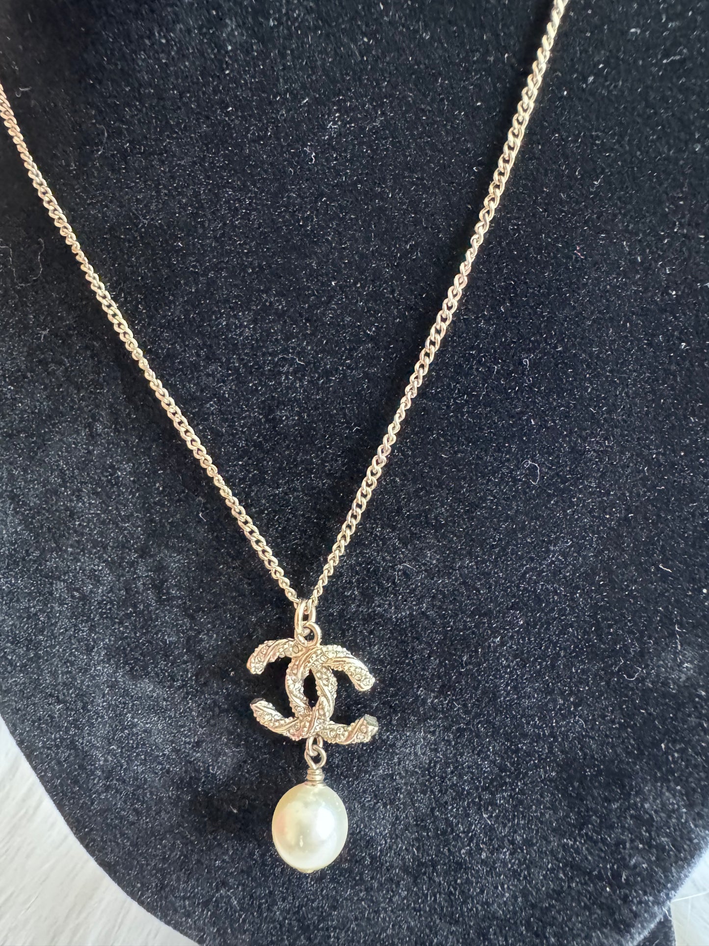 Chanel CC Crystal Pearl Gold Tone Pendant Necklace