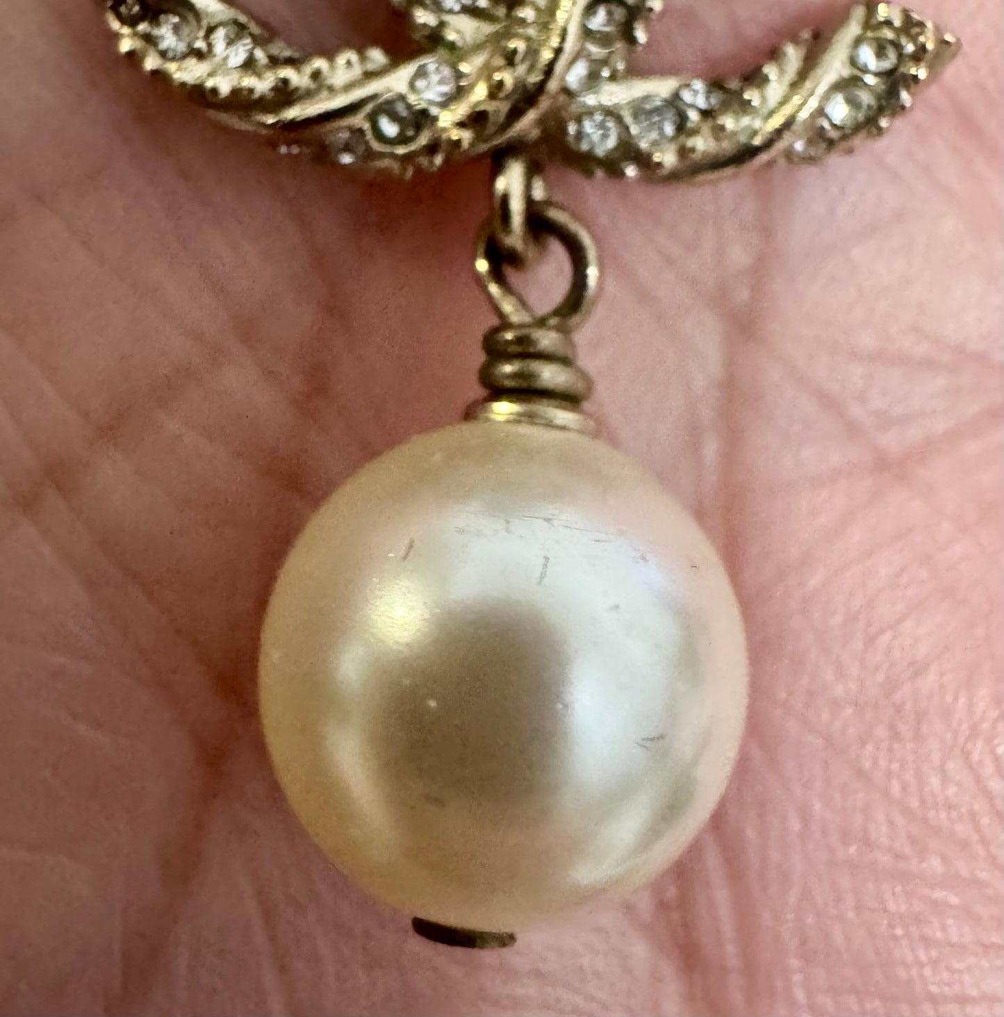 Chanel CC Crystal Pearl Gold Tone Pendant Necklace