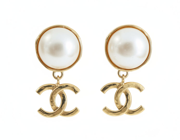 Chanel CC Logo Coco Mark Pearl Drop Earrings