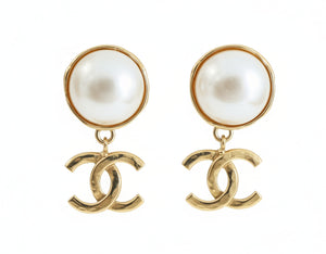 Chanel CC Logo Coco Mark Pearl Drop Earrings
