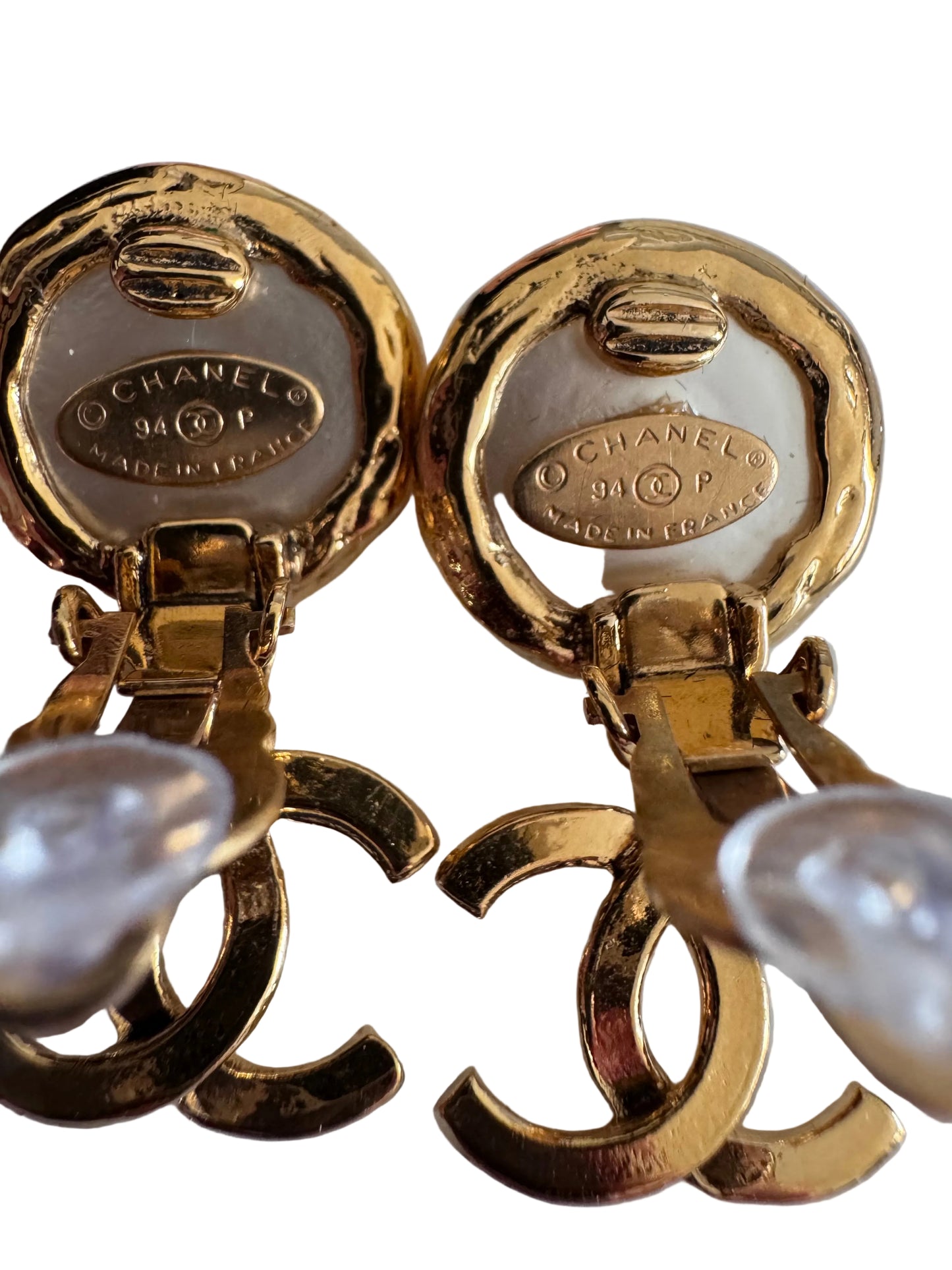 Chanel CC Logo Coco Mark Pearl Drop Earrings