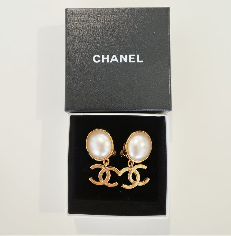 Chanel CC Logo Coco Mark Pearl Drop Earrings