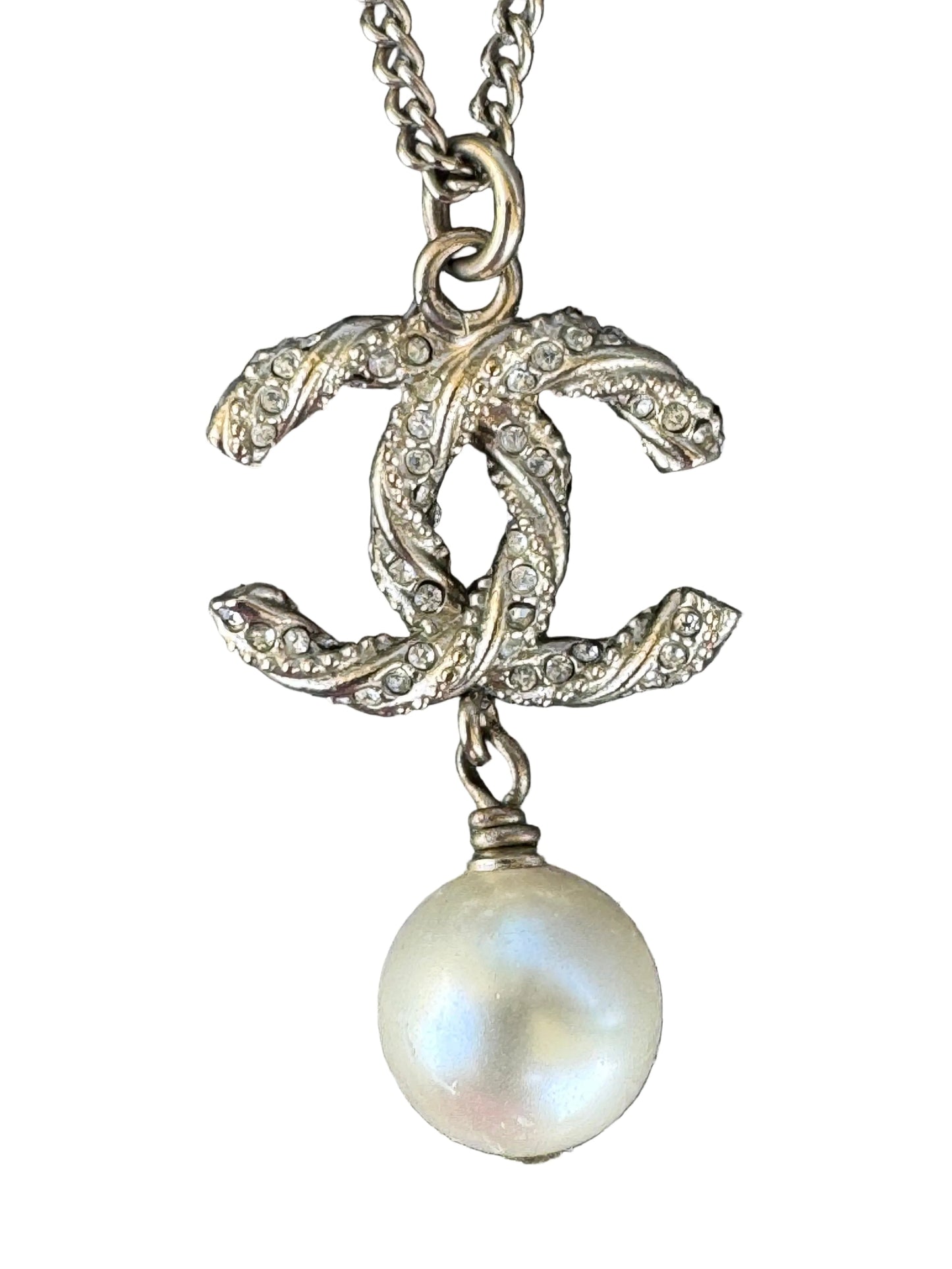 Chanel CC Crystal Pearl Gold Tone Pendant Necklace