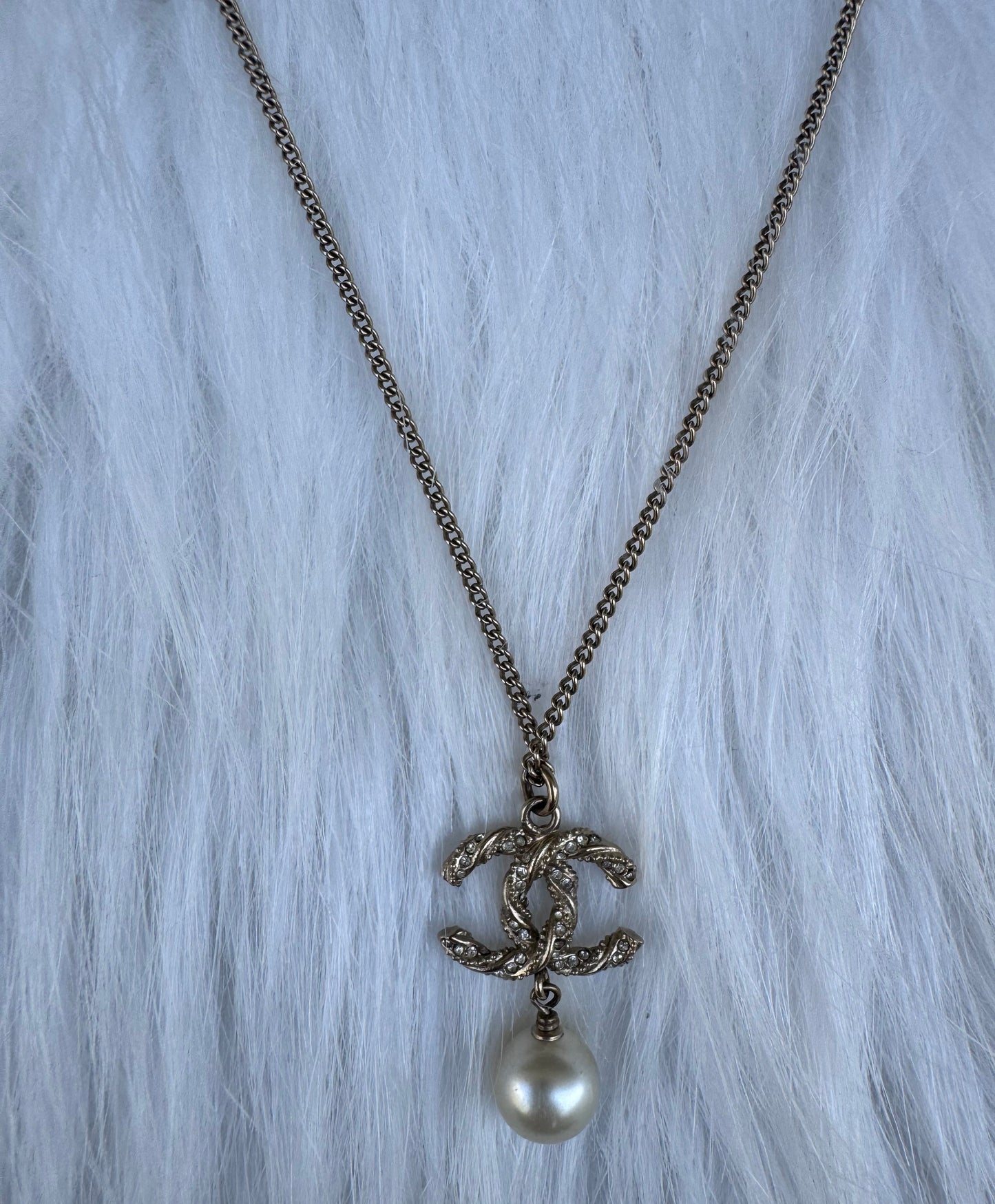 Chanel CC Crystal Pearl Gold Tone Pendant Necklace