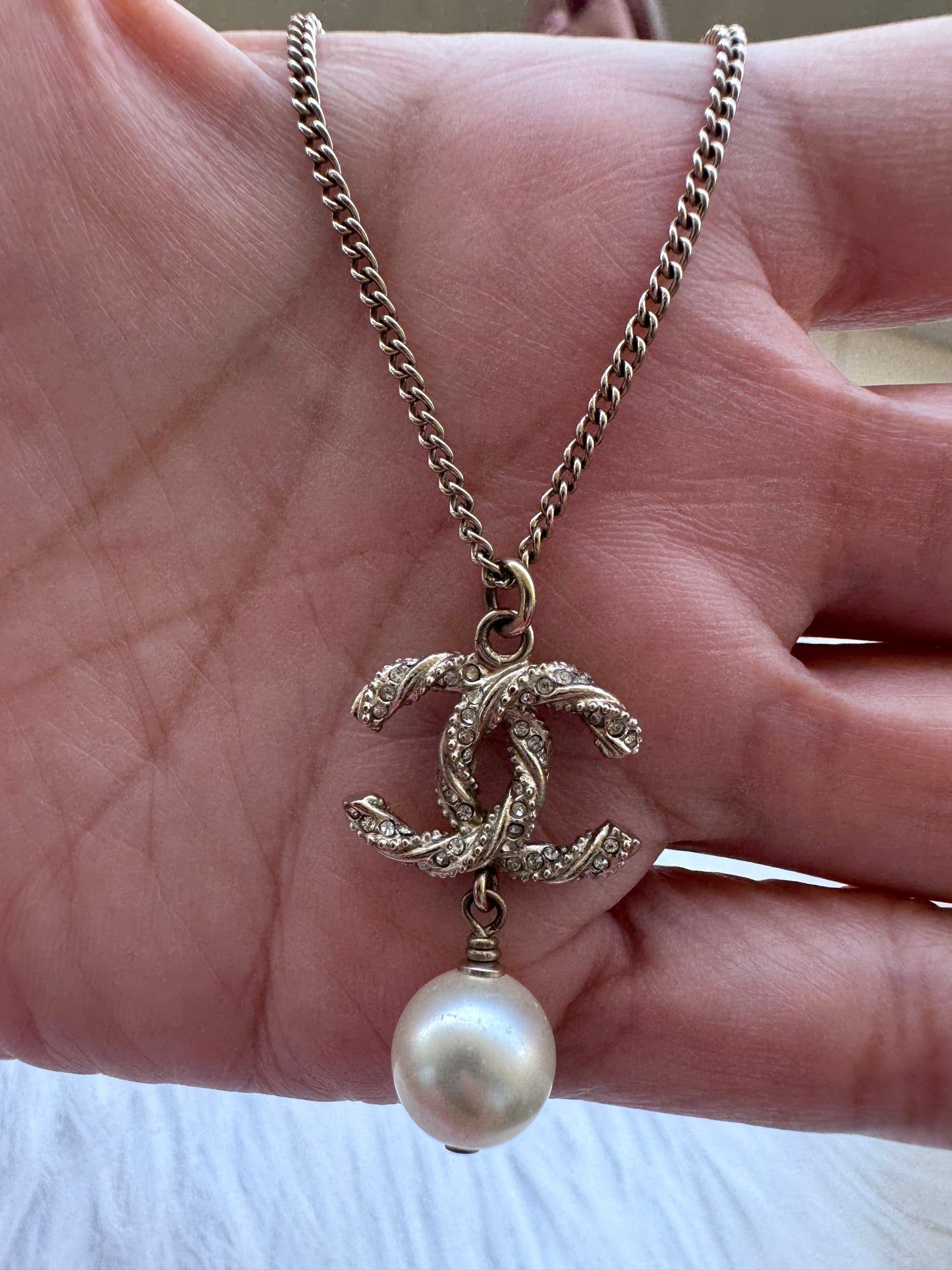 Chanel CC Crystal Pearl Gold Tone Pendant Necklace