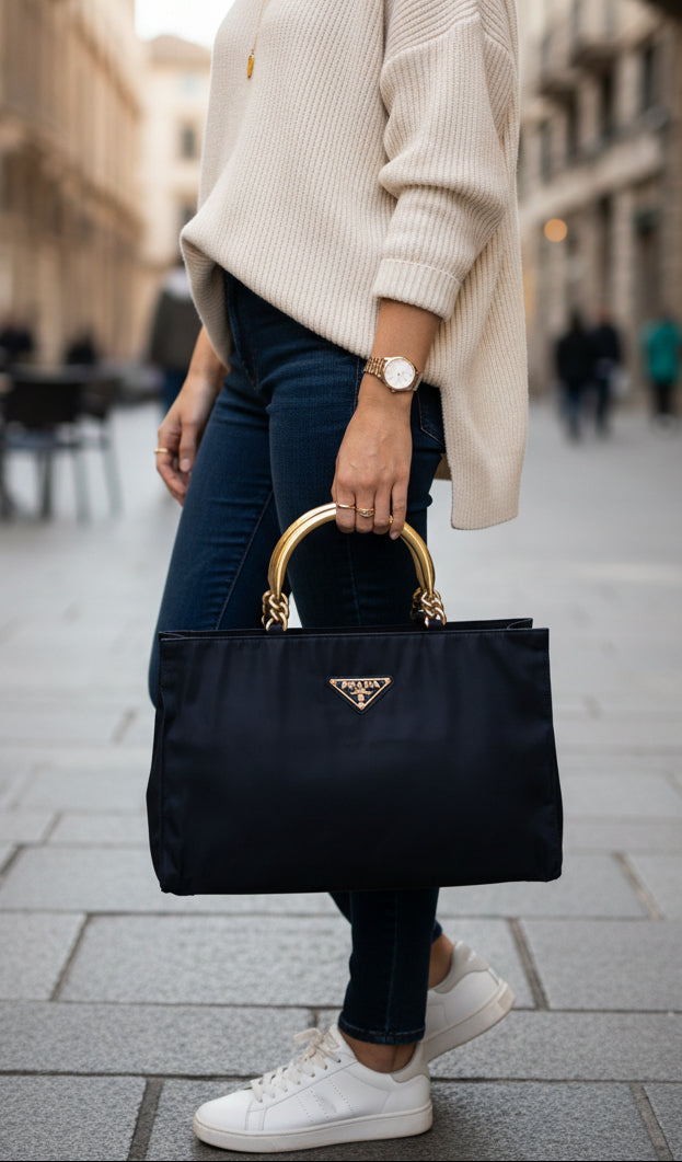 Prada Tessuto Navy Blue Metal Handle Handbag
