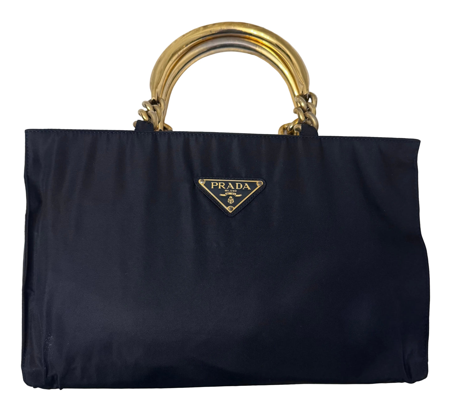 Prada Tessuto Navy Blue Metal Handle Handbag