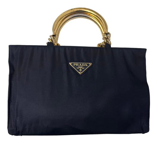 Prada Tessuto Navy Blue Metal Handle Handbag