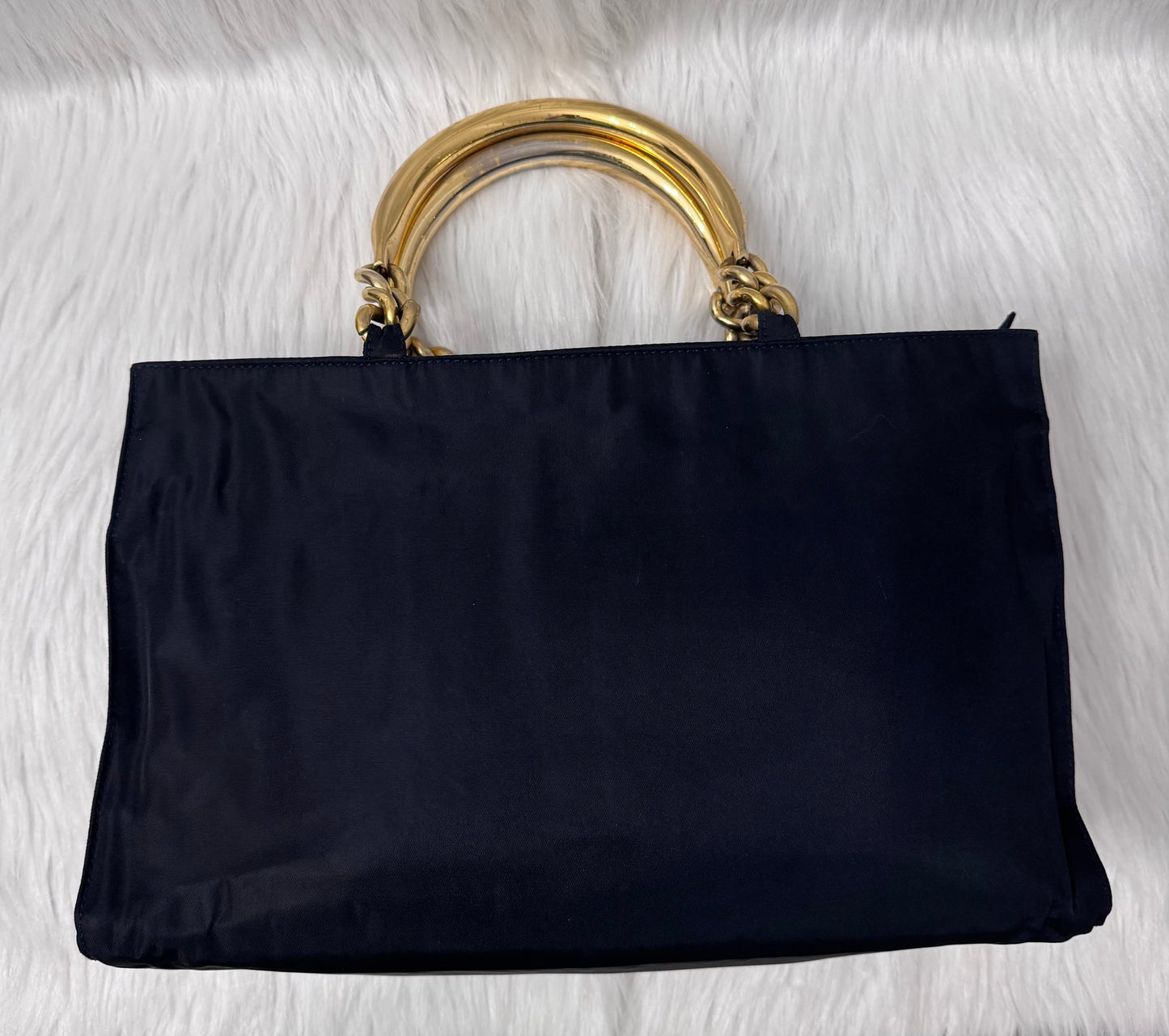 Prada Tessuto Navy Blue Metal Handle Handbag