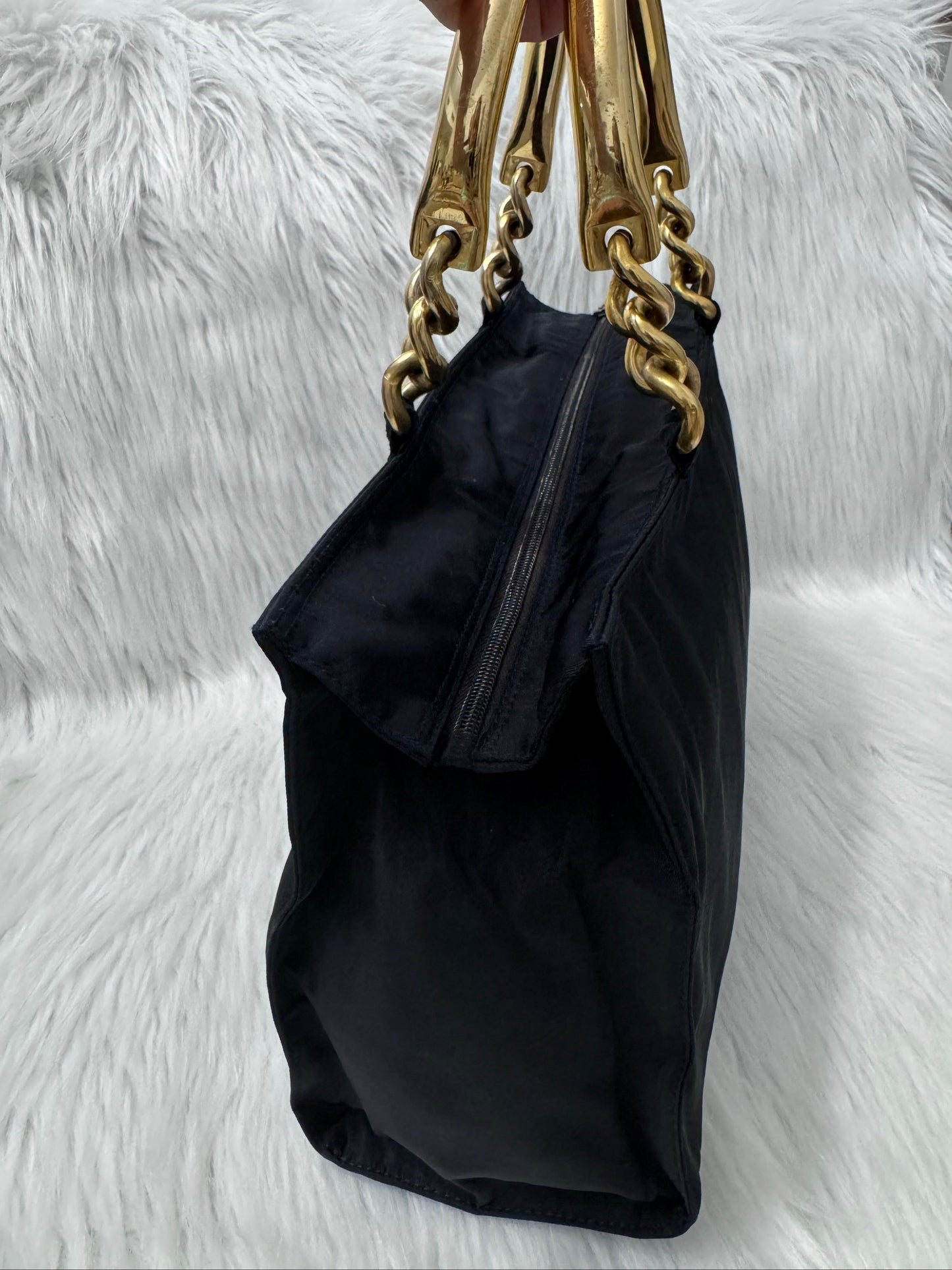 Prada Tessuto Navy Blue Metal Handle Handbag
