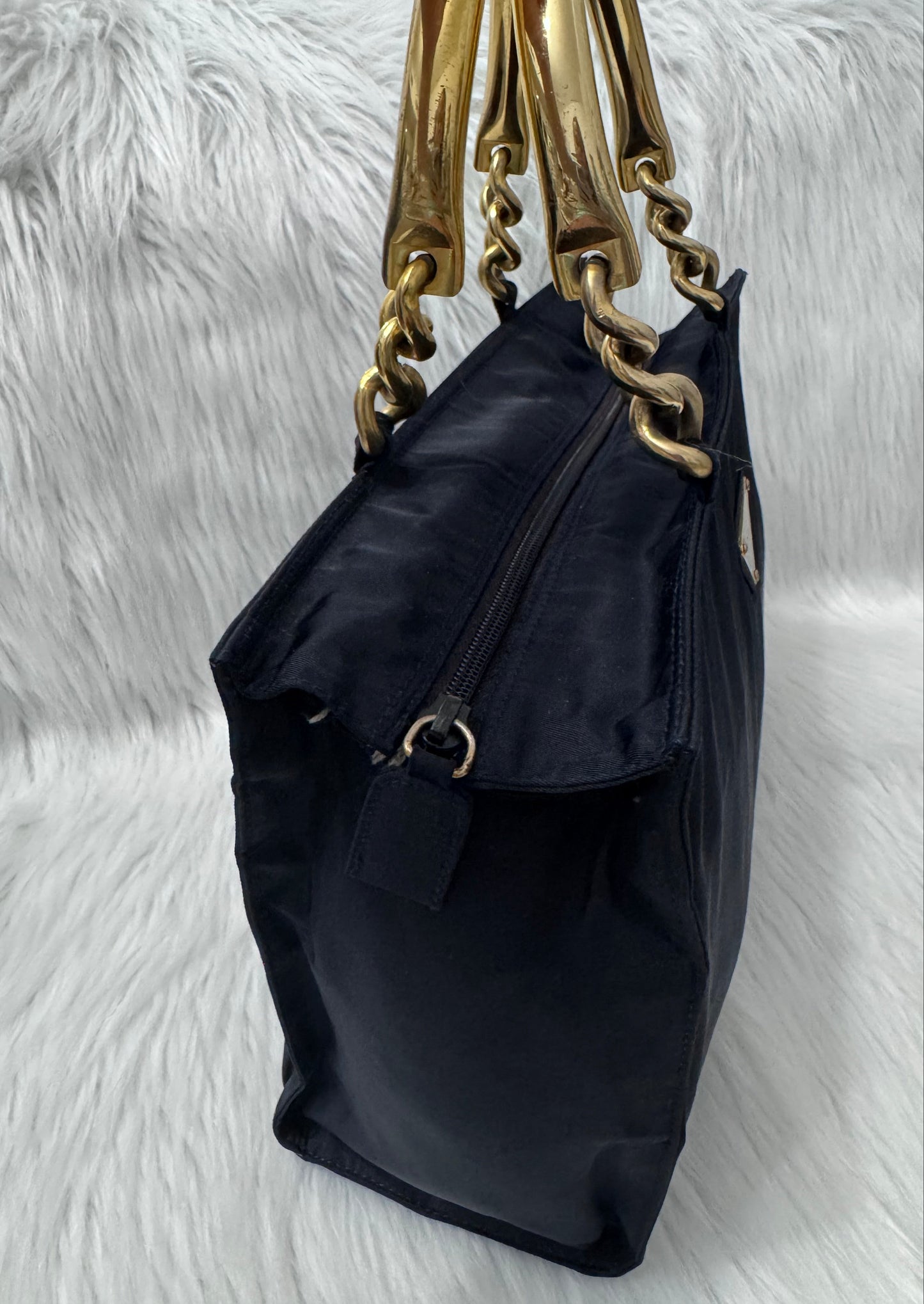 Prada Tessuto Navy Blue Metal Handle Handbag